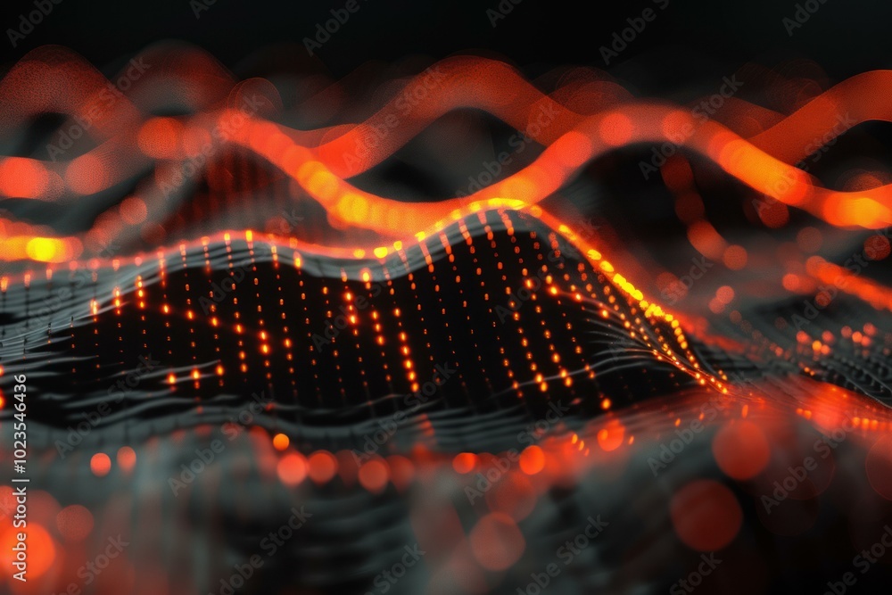 Poster abstract orange wavy lines are flowing over a grid, creating a data visualisation effect