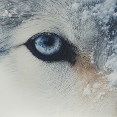 A close-up of a wolf&rsquo;s eye, reflecting a snow-covered mountain, with the wolf&rsquo;s fur blending into the landscape. Isolated on white. AR: 3:2. 