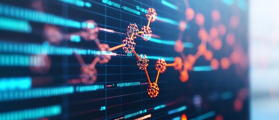 Close-up view of a molecular structure with glowing elements over a digital interface representing scientific research and innovation.