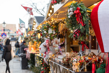 Fototapeta premium Winter Fair for the New Year and Christmas holidays, food houses In Gdansk Poland.