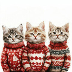 A group of four cute cats in Christmas sweaters