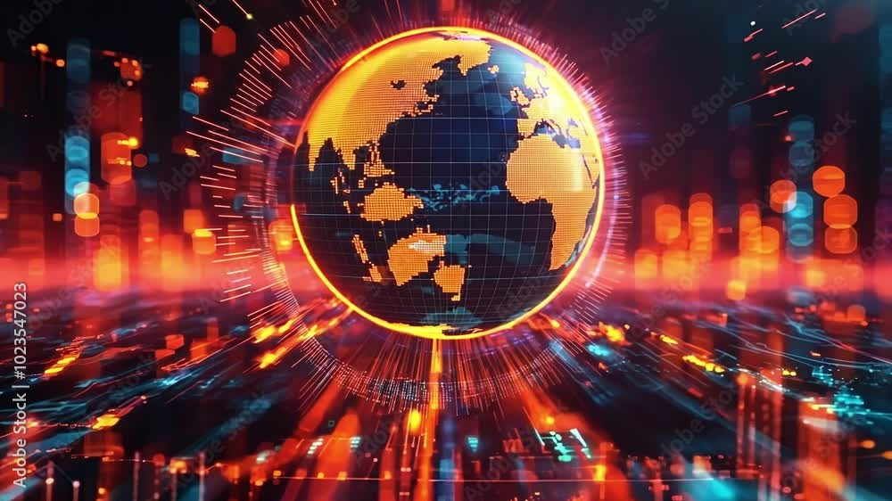 Poster red planet earth with glowing continents floating on abstract digital data transfer background repre