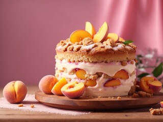Homemade peach cake on wooden table in pink background. Rustic charm of peach cake on wood