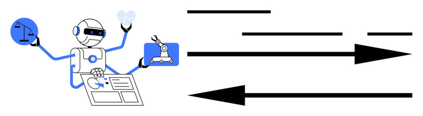 A robot juggling multiple tasks including communication, planning, and creation, represented through various icons. Arrows moving right signify workflow and efficiency. Ideal for productivity