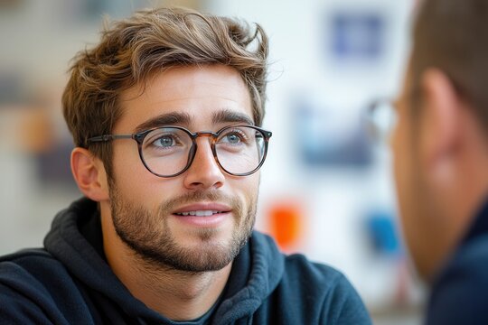 A young man with tousled hair, wearing glasses, glances upwards with an inquisitive expression against a clear blue background, indicating thoughtfulness and curiosity.