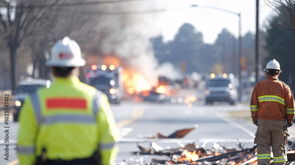 Poster highway intersection crash scene with heavy traffic and flashing sirens - chaotic aftermath of a ser