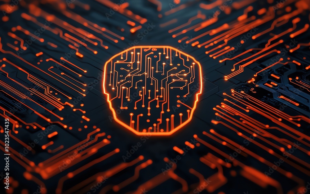Poster abstract digital skull design with circuit patterns in vibrant orange and black tones.