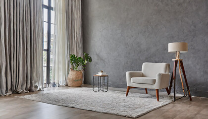 A cozy living room featuring a modern armchair, elegant curtains, and a stylish lamp in soft natural light