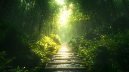Obraz premium Bamboo Forest Pathway with Sunbeams - 3D Illustration