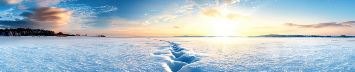 Obraz premium Frozen landscape with deep snow, ice formations, and a beautiful sunrise on the horizon.