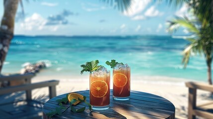 Tropical beach, poolside with 3 alcoholic beverages on a small circular table. Generative AI.