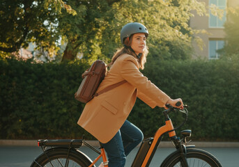 Young female professional commuting to work on her e-bike, enjoying a sustainable and efficient mode of transportation