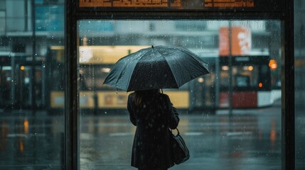 A person standing at a bus stop on a rainy day, raindrops visible on their umbrella, capturing the quiet solitude of a mundane moment