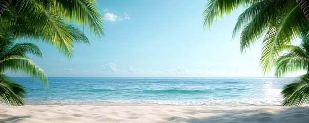 Tropical beach scene with palm trees and clear blue ocean under a sunny sky.