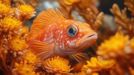 A vividly colored orange fish features distinctive patterns as it swims among lush underwater flora, highlighting the diverse and thriving marine ecosystem. Captivating and lively.