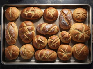 Overhead view of fresh baked breads in baking sheets. Array of bread loaves on trays