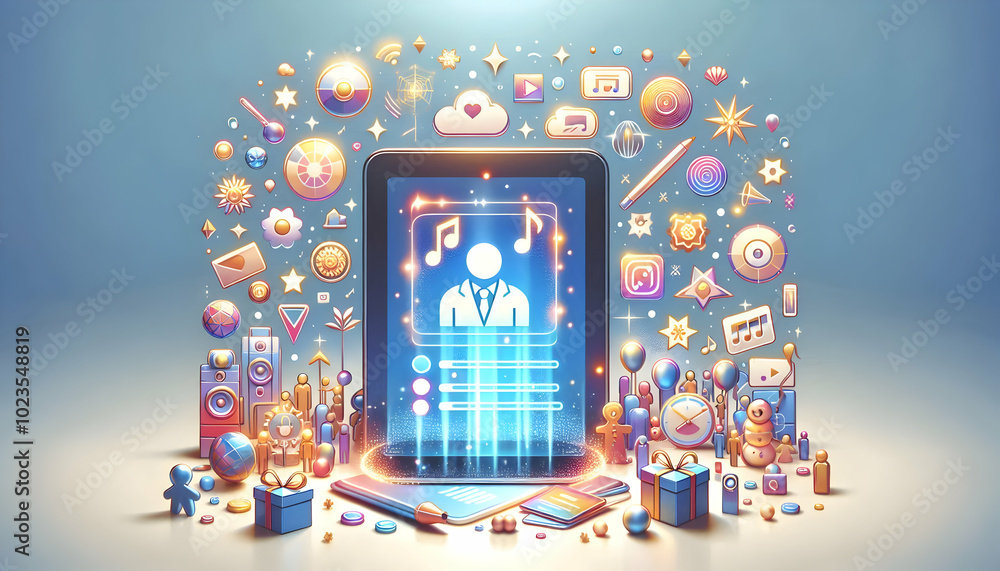 Poster flat tablet with holographic festival icons concept - bright glowing elements create festive atmosph