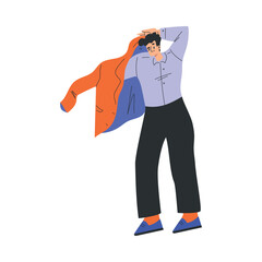 Man Character Dress Up Put On Jacket Clothes Vector Illustration