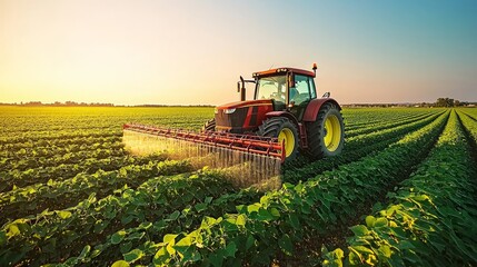 Fototapeta premium High-altitude shot of a tractor moving across a vibrant green soybean plantation, spraying pesticides at dusk. The warm sunlight at sunset bathes the field in orange.