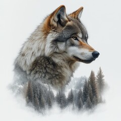 A majestic wolf standing tall, its lower body merging with a vast, snowy mountain range, isolated against a white background. AR: 3:2. 