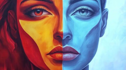 Fototapeta premium A split-face painting contrasting warm and cool colors, symbolizing duality and balance.