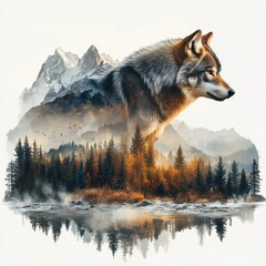 A majestic wolf standing tall, its lower body merging with a vast, snowy mountain range, isolated against a white background. AR: 3:2. 