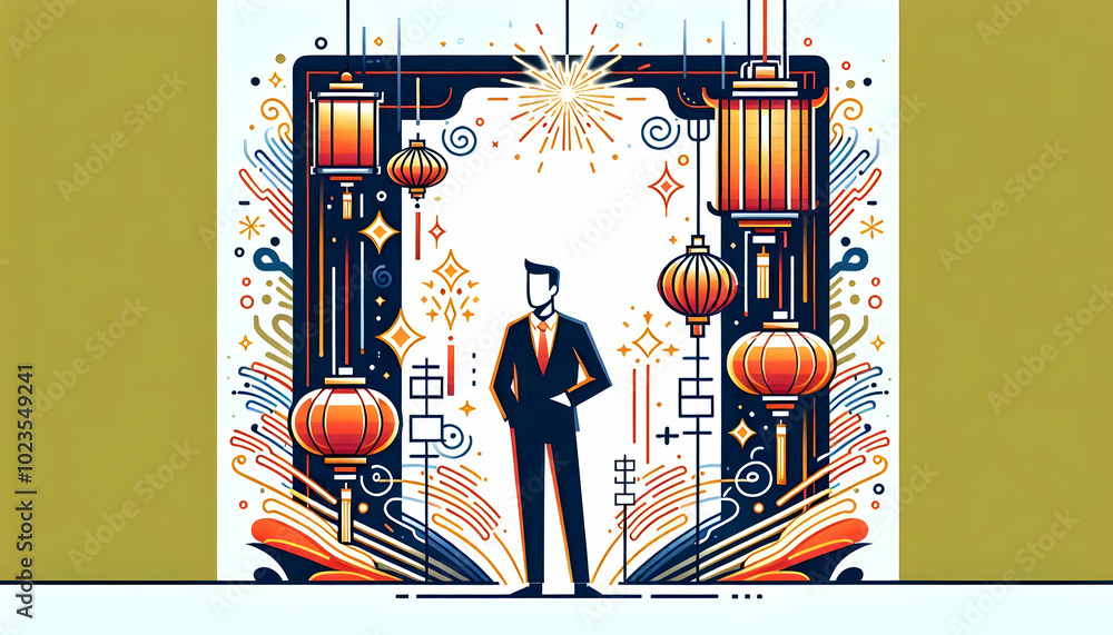 Poster sleek flat lantern and abstract sparkler lines border frame with ample copy space for festive messag