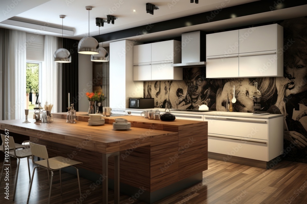 Poster Modern kitchen interior design architecture furniture appliance.