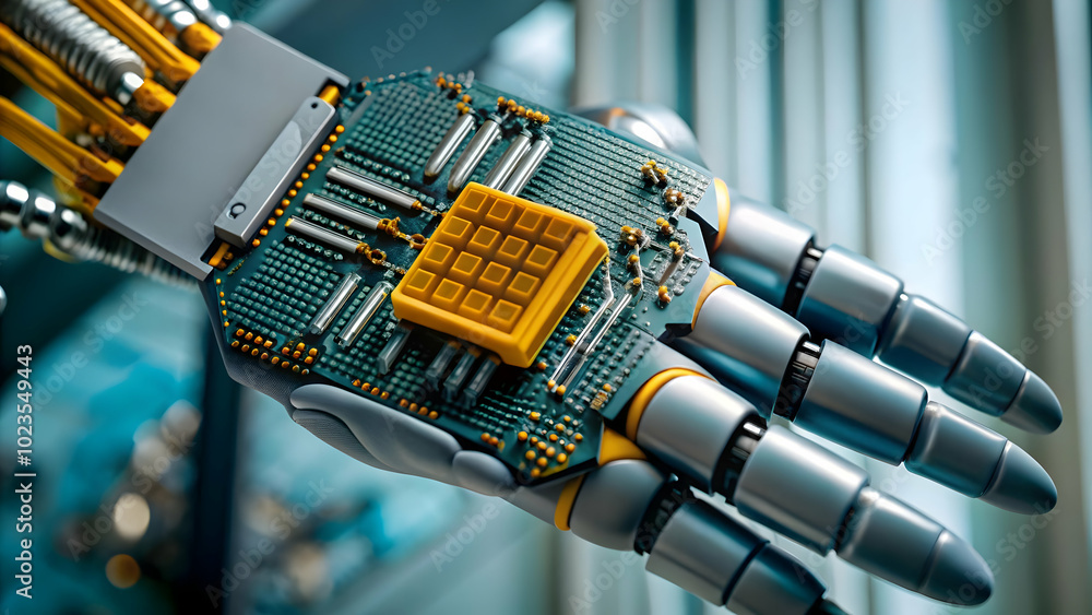 Poster close up of ai chip in robotic hand: macro shot showcasing intricate details and connectivity, highl