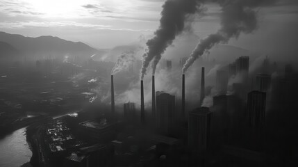 Fototapeta premium Aerial view of industrial smokestacks releasing dark smoke over a cityscape, highlighting environmental pollution and urban development.