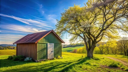 Obraz premium Isolated countryside shed with spring colors Garage with countryside landscape under blue sky and tree shading the sunlight