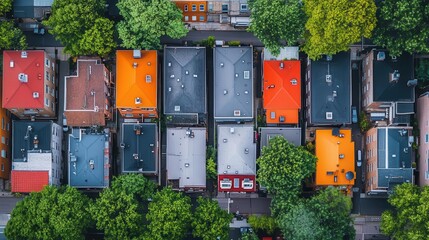 Aerial view of vibrant rooftops in a suburban area, surrounded by lush greenery, showcasing different colors and architectural styles.