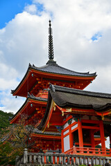 Fototapeta premium The view of kiyomizu-dera temple with trees and blue sky background in Kyoto, Japan. Major tourist attraction in Kansai region in Japan. Japan famous historic architecture. Building abstract. Travel c