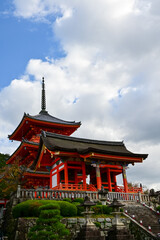 Obraz premium The view of kiyomizu-dera temple with trees and blue sky background in Kyoto, Japan. Major tourist attraction in Kansai region in Japan. Japan famous historic architecture. Building abstract. Travel c