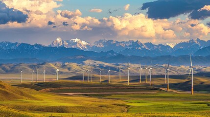 wind power plants scattered across China rural landscape, turbines generating clean energy with mountains in the distance under vibrant skies.