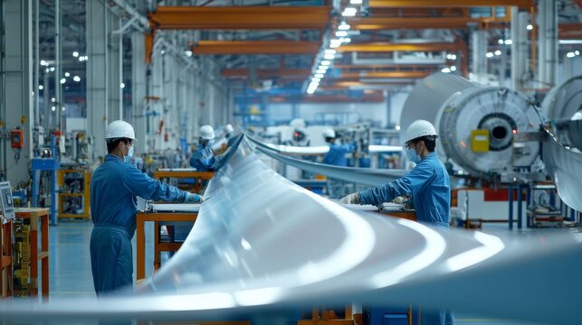 wind turbine blades being manufactured in China leading renewable energy factory, with engineers inspecting each stage of production.