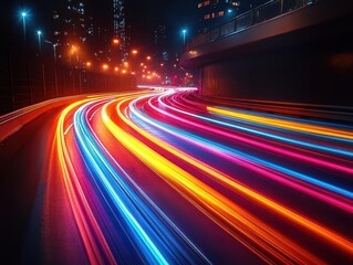 light trails from racing cars create a stunning display of speed and motion, with colorful streaks illuminating the city road, encapsulating the thrill of nightlife in a dynamic, energetic scene