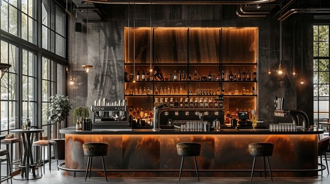 Lounge bar, bar counter, elegant and modern loft style, luxurious chandeliers, professional lighting design. Concrete floor, walls made of concrete, brick, metal, black ceiling. Generative AI.