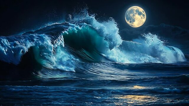 Dramatic moonlit waves crashing on the shore at night. Seascape photography
