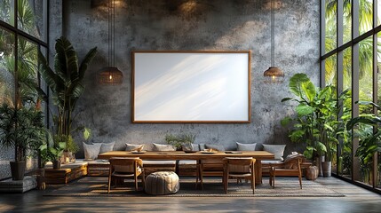 modern dining room showcasing a blank poster mockup against a stylish wall featuring wooden furniture and large windows allowing natural light to flood the space perfect for design presentations