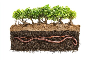 Soil layers showcasing roots, a worm, and green plants on top, isolated on a white background.