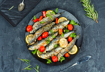 Grilled sardines on a plate with lemon.