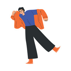 Man Character Dress Up Put On Jacket Clothes Vector Illustration