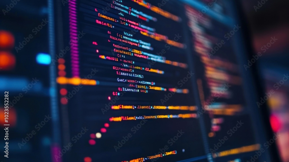 Poster A Close-Up of Computer Code on a Screen with Colorful Highlights