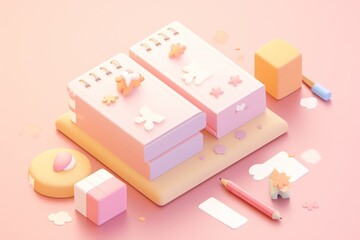 Obraz premium Pastel-Colored Desk with Two Notebooks, Pencil, and Decorative Elements