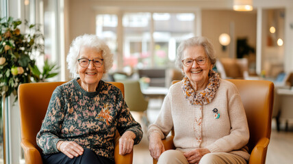 Two elderly women sit together in cozy, well lit environment, smiling warmly at camera. Their joyful expressions reflect sense of companionship and happiness