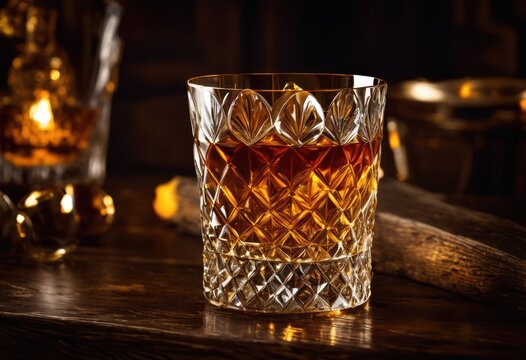 detailed close whiskey glass showcased rustic textured wooden table surface highlighting rich color clarity, amber, drink, beverage, liquid, ginger, ale, ice