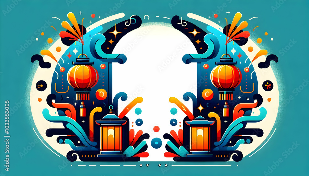 Poster flat lantern and sparkler lines border design with copy space for festive messages - modern vector i