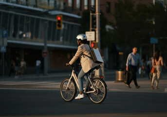 Businesswoman with laptop riding electric bicycle in city center street during sunset