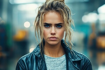 Woman with Blonde Hair and Blue Eyes Wearing a Leather Jacket